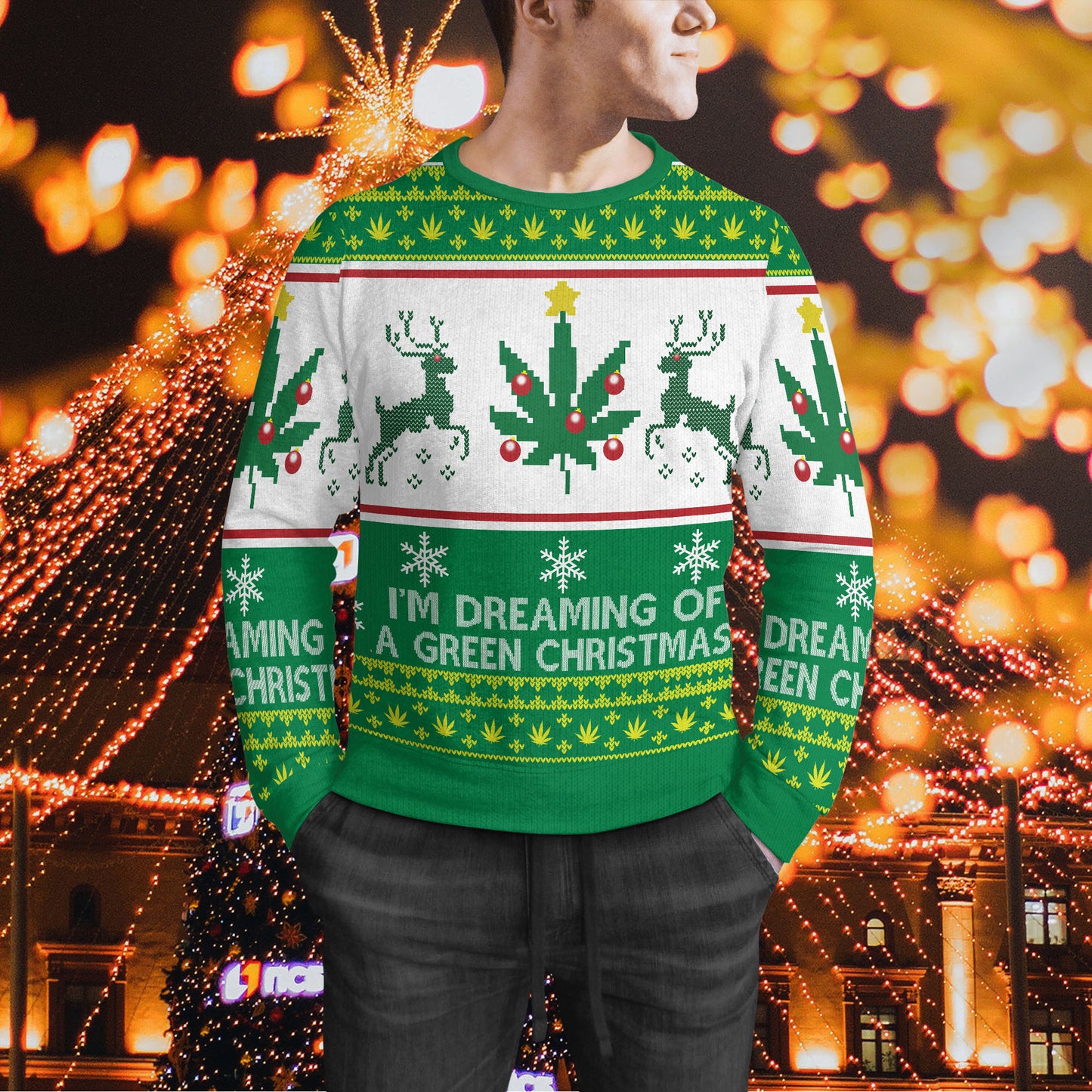 Ich träume von einem grünen Weihnachtspullover, hässlicher Cannabis-Weihnachtspullover, lustige Weihnachtsgeschenkidee