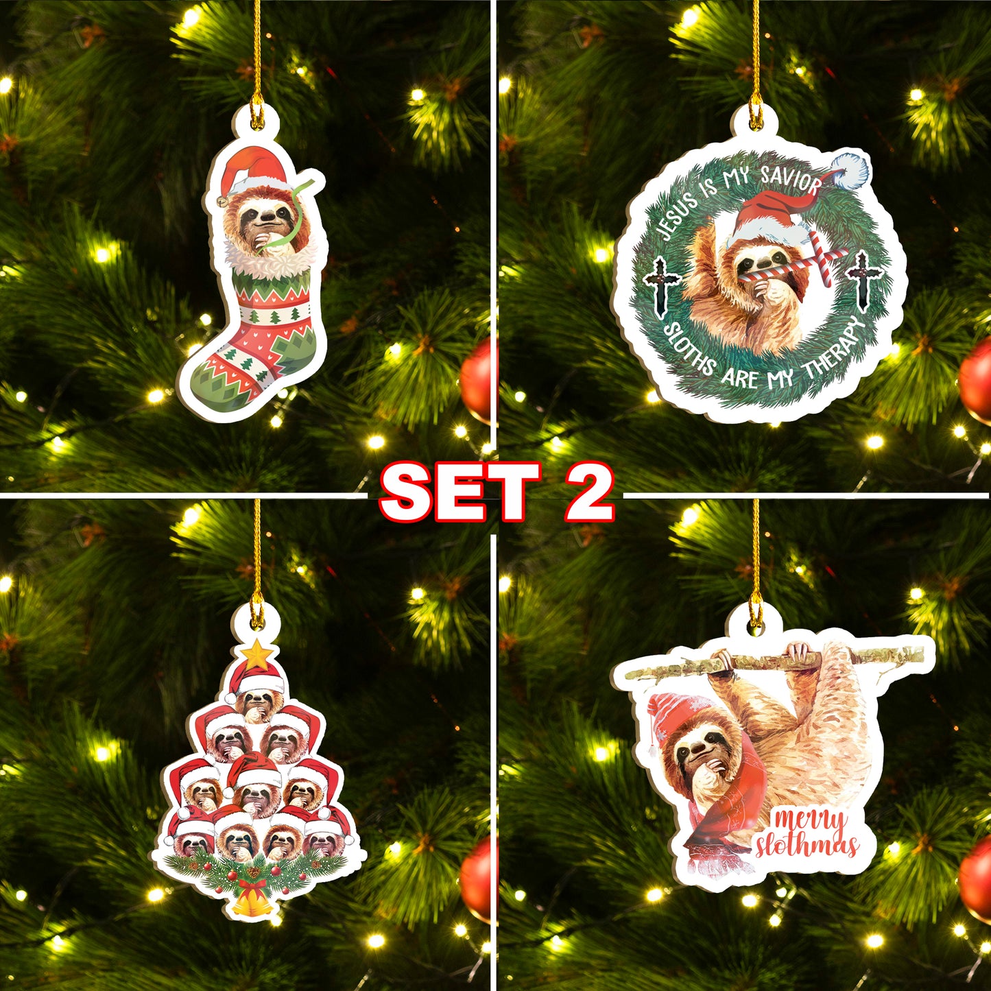 Merry Slothmas Ornaments Set, Funny Sloth Ornaments, Christmas Ornaments Family Gift Idea For Sloth Lover