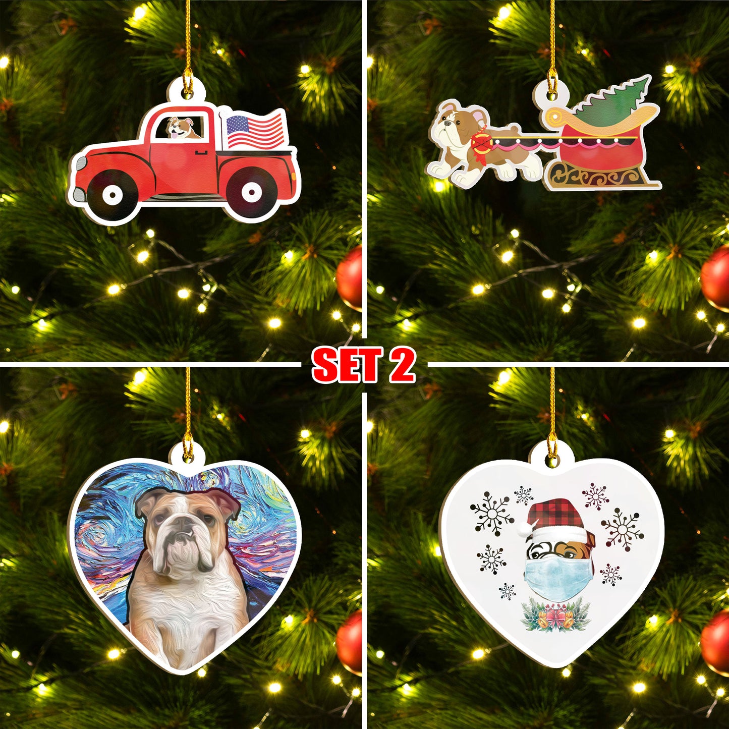 Merry Xmas Bulldog Ornament Set, Merry Woofmas Ornament Set, Funny Xmas Ornament Family Gift Idea For Dog Lover