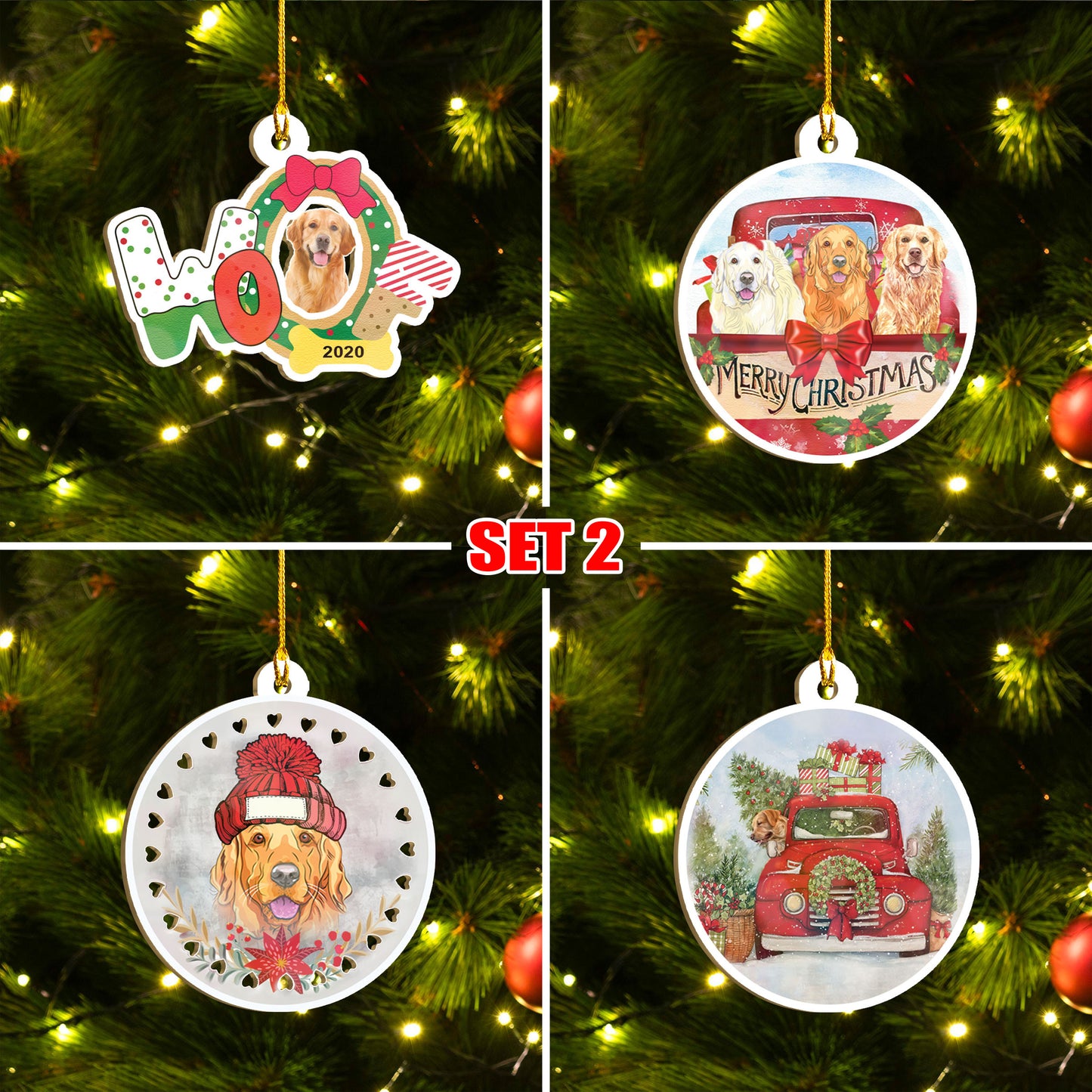 Merry Xmas Golden Retriever Ornament Set, Merry Woofmas Ornament Set, Funny Xmas Ornament Family Gift Idea For Dog Lover