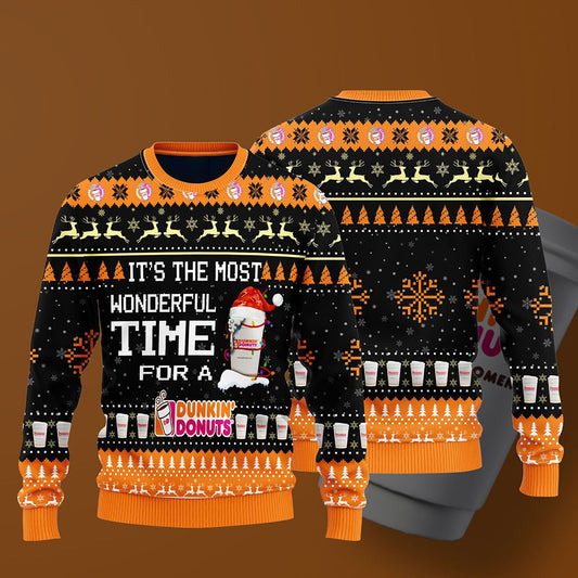 Most Wonderful Time For A Dunkin Donuts Christmas Sweater, Christmas Ugly Sweater, Christmas Gift, Gift Christmas 2024