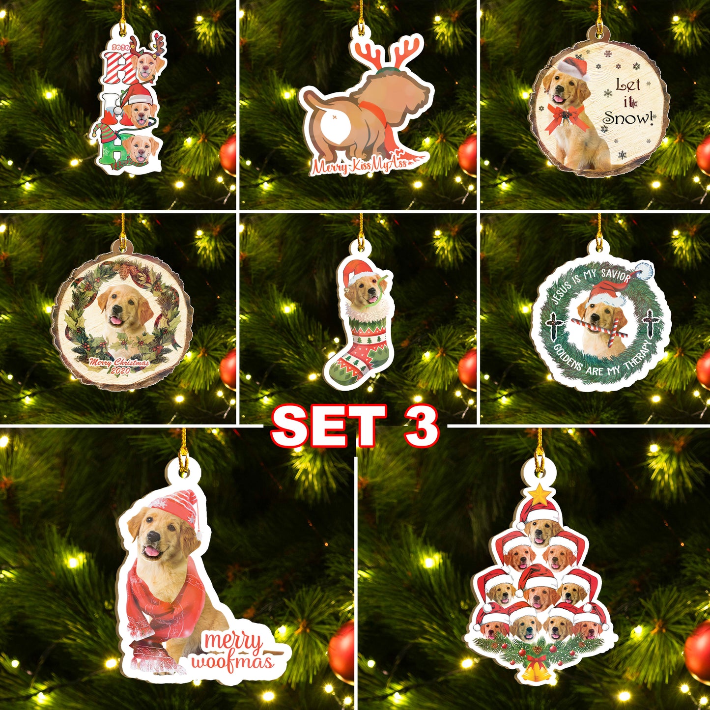 Xmas Golden Retriever Ornaments Set, Merry Woofmas Ornaments Set, Funny Christmas Ornaments Family Gift Idea For Dog Lover
