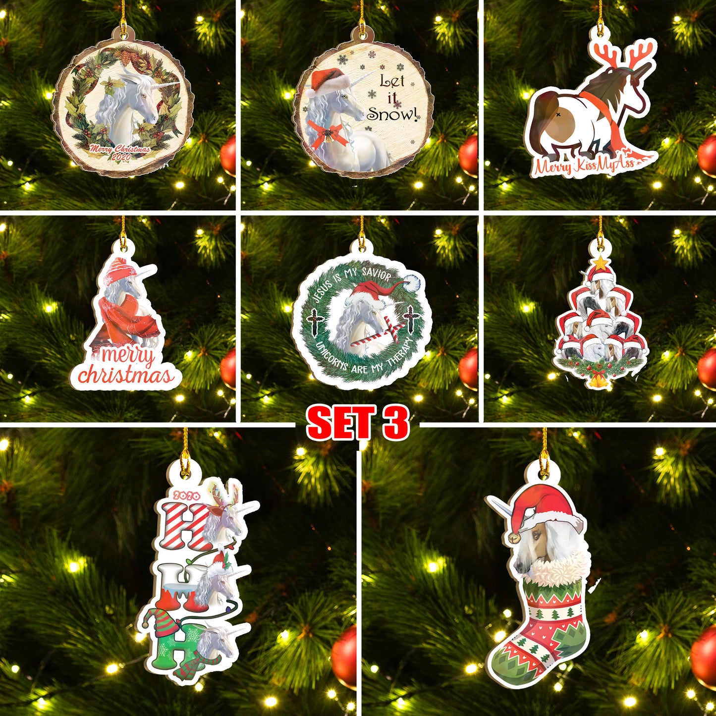 Xmas Unicorn Ornaments Set, Merry Christmas Ornaments Set, Funny Christmas Ornaments Family Gift Idea For Unicorn Lover