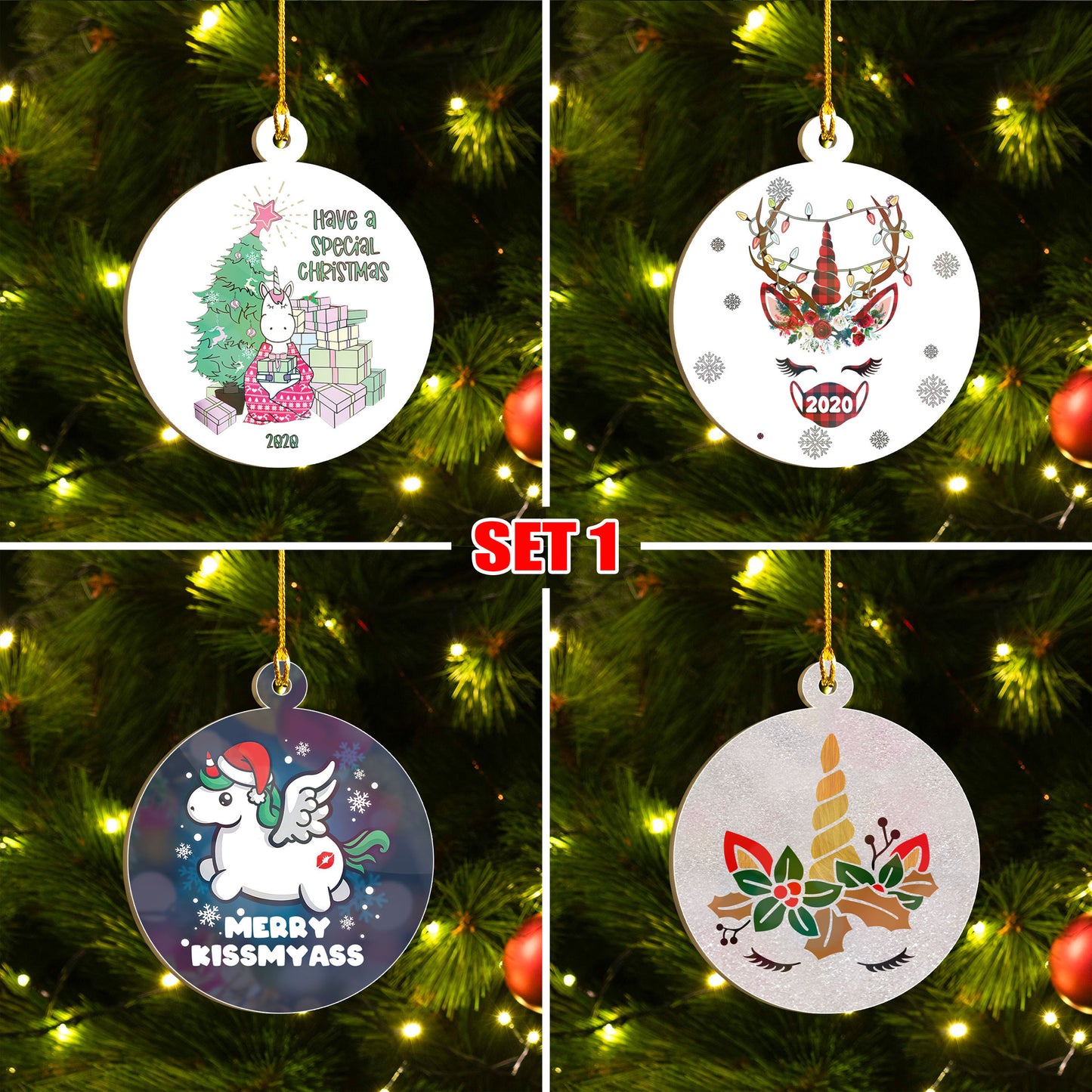 Xmas Unicorn Ornaments Set, Merry Christmas Ornaments Set, Funny Christmas Ornaments Family Gift Idea For Unicorn Lover