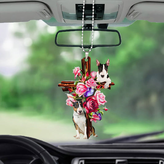 Bull Terrier Roses And Jesus Car Hanging Ornament Dog Ornaments For Auto Car Godmerc - Best gifts your whole family