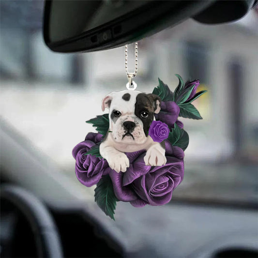 Bulldog In Purple Rose Car Hanging Ornament, Dog Hanging Ornament For Car - Best gifts your whole family