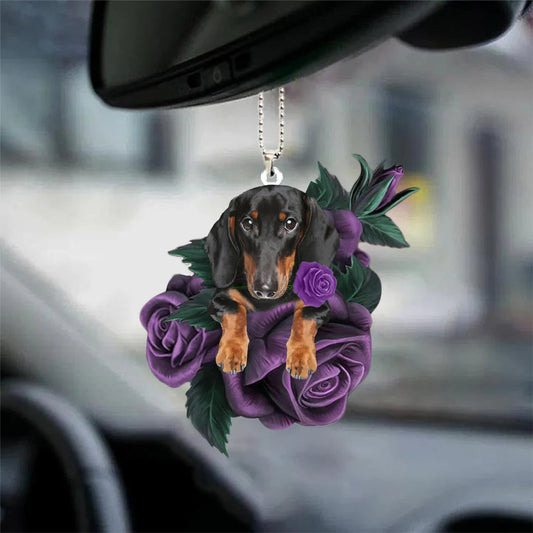 Dachshund In Purple Rose Car Hanging Ornament, Pet Hanging Ornament For His Car - Best gifts your whole family