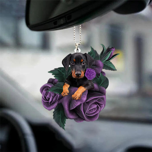 Doberman In Purple Rose Car Hanging Ornament - Best gifts your whole family