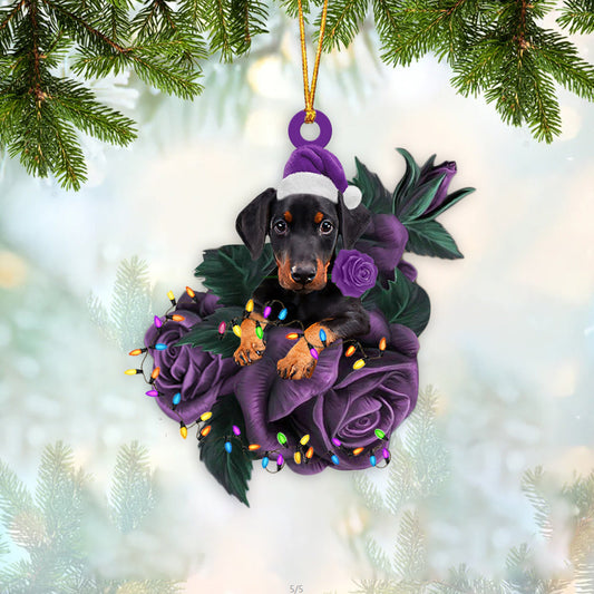 Doberman In Purple Rose Christmas Ornament Dog Hanging Ornament For Christmas - Best gifts your whole family