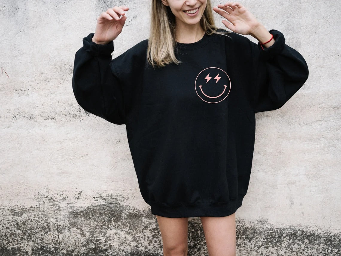 Lighting Bolt Smiley Face Aesthetic Preppy Sweatshirt Trendy Crewneck Y2K Sweatshirt VSCO Girl Retro Smile Face Cute Sweatshirt