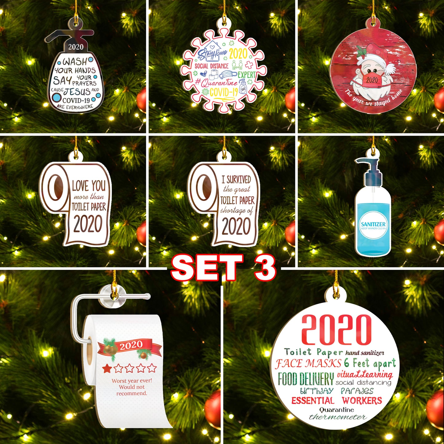 Santa Stay Home Ornament Set Of 8 & 4, 2020 Worst Year Ever Ornament Set, Funny Christmas Ornament Gift Idea