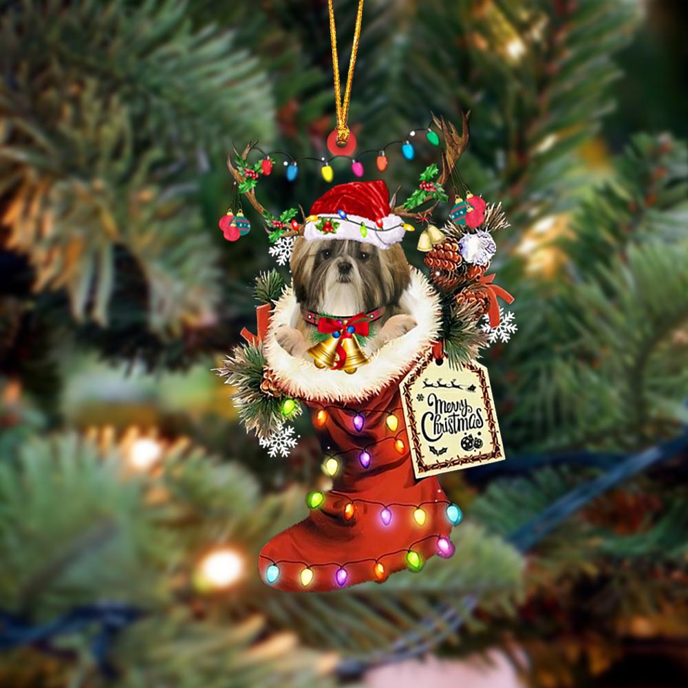 Ornament- Shih Tzu 1-Xmas Boot-Two Sided Ornament, Happy Christmas Ornament, Car Ornament - Best gifts your whole family