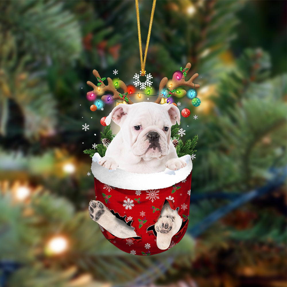 Ornament- WHITE English Bulldog-In Christmas Pocket Two Sides Ornament, Christmas Ornament, Car Ornament - Best gifts your whole family