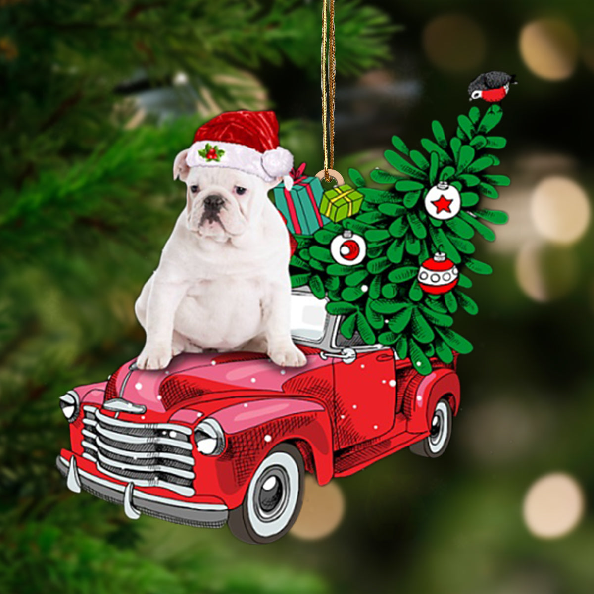 Ornament- WHITE English Bulldog-Pine Truck Hanging Ornament, Happy Christmas Ornament, Car Ornament - Best gifts your whole family