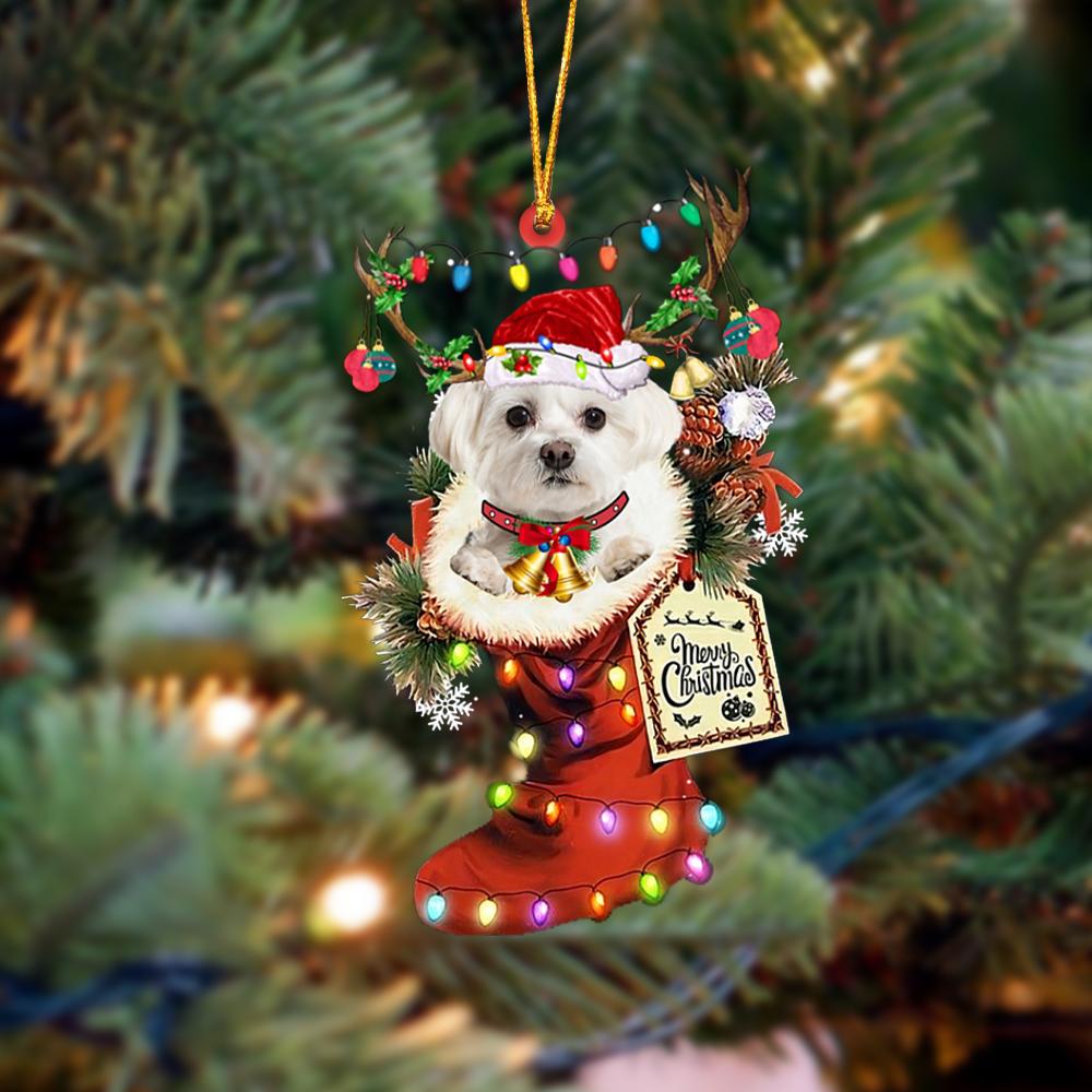 Ornament- WHITE Maltese-Xmas Boot-Two Sided Ornament, Happy Christmas Ornament, Car Ornament - Best gifts your whole family