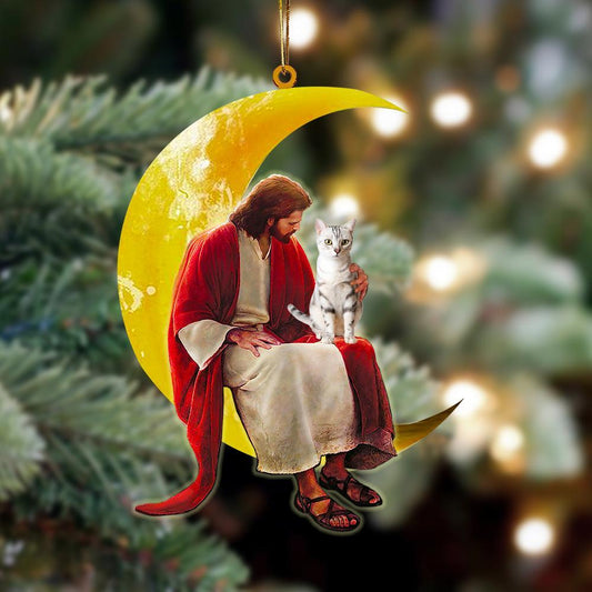 Ornaments- American Shorthair And Jesus Sitting On The Moon Hanging Ornament, Dog Ornaments, Car Ornament - Best gifts your whole family