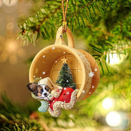 Papillon Sleeping in a tiny cup Christmas Holiday-Two Sided Ornament, Christmas Ornament, Car Ornament - Best gifts your whole family