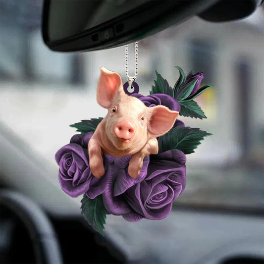 Pig In Purple Rose Car Interior Hanging Ornament Pig Tree Acrylic Ornaments Pig Lover Gift - Best gifts your whole family