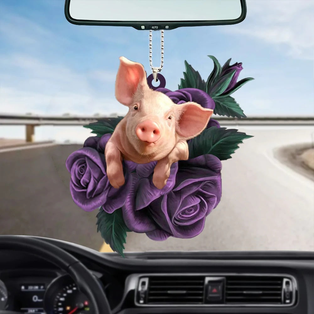 Pig In Purple Rose Car Interior Hanging Ornament Pig Tree Acrylic Ornaments Pig Lover Gift - Best gifts your whole family
