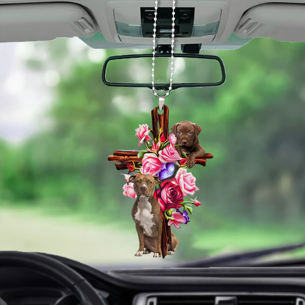 Pitbull Roses And Jesus Auto Hanging Ornament Dog Ornaments For Car Godmerc - Best gifts your whole family