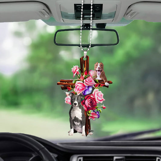 Pitbull Roses And Jesus Car Hanging Ornaments Dog Ornaments For Auto Car Godmerch - Best gifts your whole family