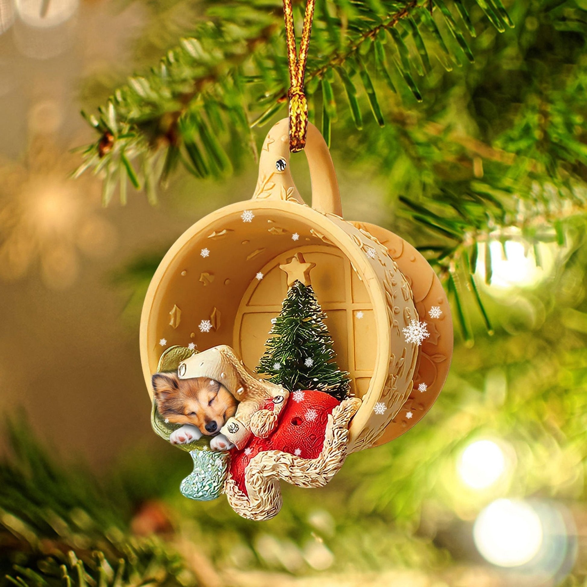 Sheltie Sleeping in a tiny cup Christmas Holiday-Two Sided Ornament, Christmas Ornament, Car Ornament - Best gifts your whole family