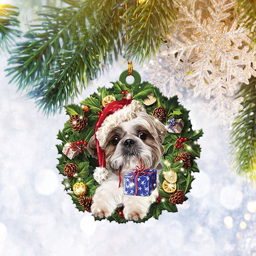 Shih Tzu Christmas Wreath Ornament Flat 2D, Pet Cat Lover Gifts, Christmas Tree Ornament, Home Decor Plastic Ornament - Best gifts your whole family
