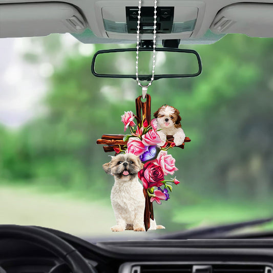 Shih Tzu Roses And Jesus Car Hanging Ornament Dog Decor Ornaments For Auto Car Godmerc - Best gifts your whole family