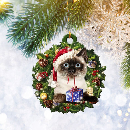 Siamese Cat Christmas Wreath Ornament Flat 2D, Pet Cat Lover Gifts, Christmas Tree Ornament, Home Decor Plastic Ornament - Best gifts your whole family