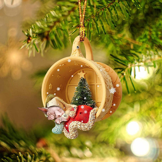 Sphynx Sleeping in a tiny cup Christmas Holiday-Two Sided Ornament, Christmas Ornament, Car Ornament - Best gifts your whole family