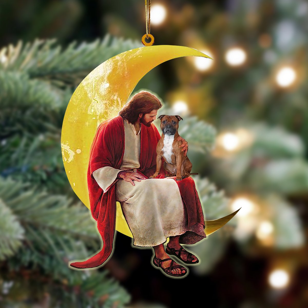Staffordshire Bull Terrier And Jesus Sitting On The Moon Hanging Ornament, Car Ornament, Christmas Ornament - Best gifts your whole family