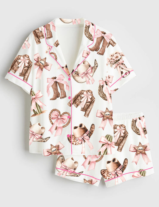 Women's Western Coquette Cowgirl Boots Short Sleeve Satin Pajama Set