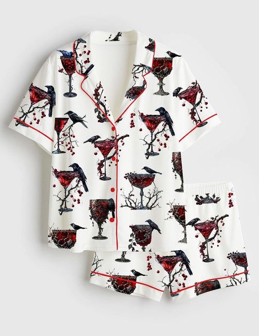 Women’s Halloween Cocktail Alcohol Drinks Gothic Cocktail Black Bird Red Gothic Christmas Drinks Short Sleeve Satin Pajama Set