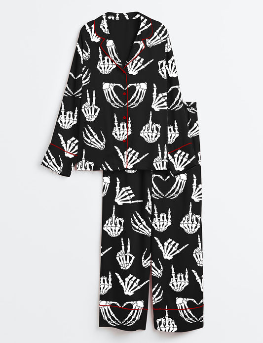 Women’s Halloween Skeleton Hand Long Sleeve Satin Pajama Set
