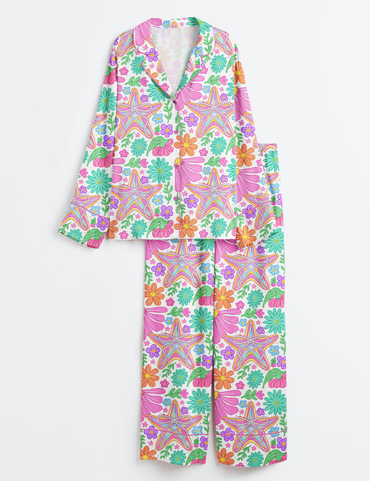 Women’s Retro Floral Summer Preppy Starfish Ocean Summer Vibes Girly Summer Beach Print Long Sleeve Satin Pajama Set