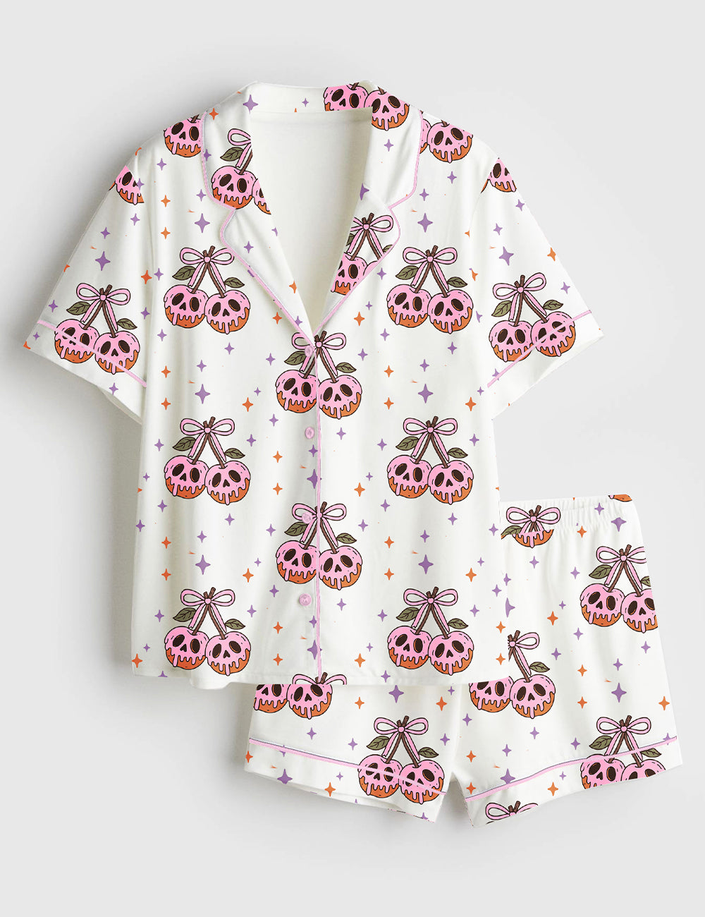 Women’s Halloween Retro Spooky season Cherry Bow Spooky Witchy Skeleton Print Short Sleeve Satin Pajama Set