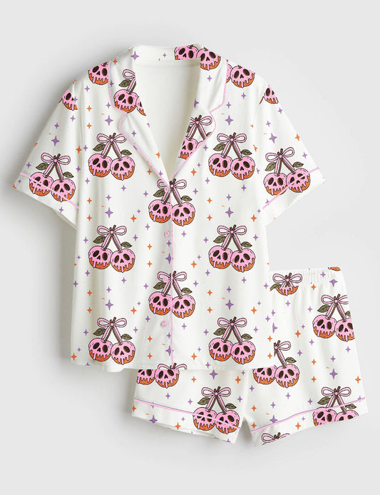 Women’s Halloween Retro Spooky season Cherry Bow Spooky Witchy Skeleton Print Short Sleeve Satin Pajama Set