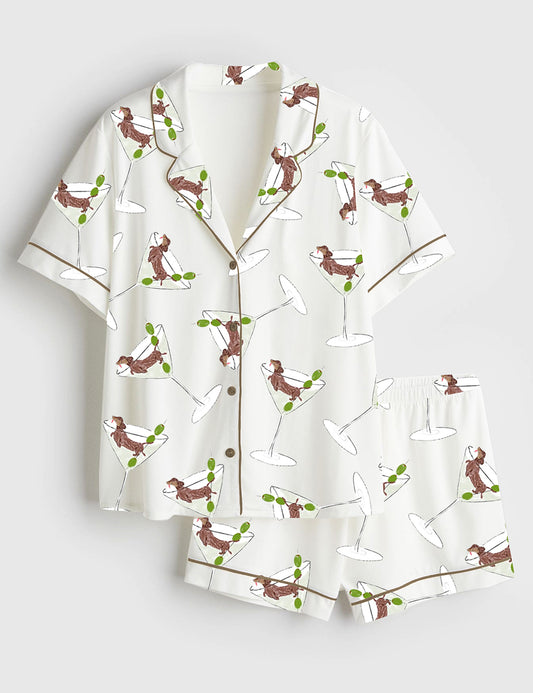 Women’s Weenie Tini Weiner Dog Dirty Martini Short Sleeve Satin Pajama Set