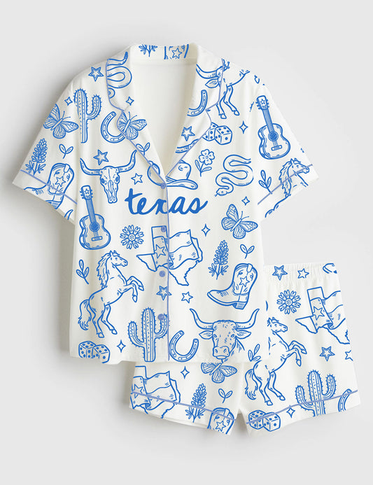 Women’s Texas Travel Hand Drawn Doodle Western Cowgirls Desert Cactus Print Short Sleeve Satin Pajama Set
