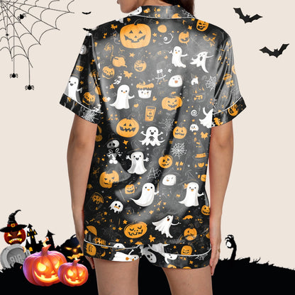 SHITINN Halloween Pajamas Two Piece Silk Pijamas Women Set Halloween Printed Button Up Pajamas for Women Short Sets Loungewear for Women Halloween Womens Pjs