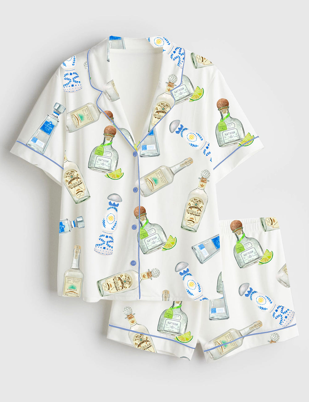 Women’s Tequila Bottles Watercolor Bar Cart Art Short Sleeve Satin Pajama Set