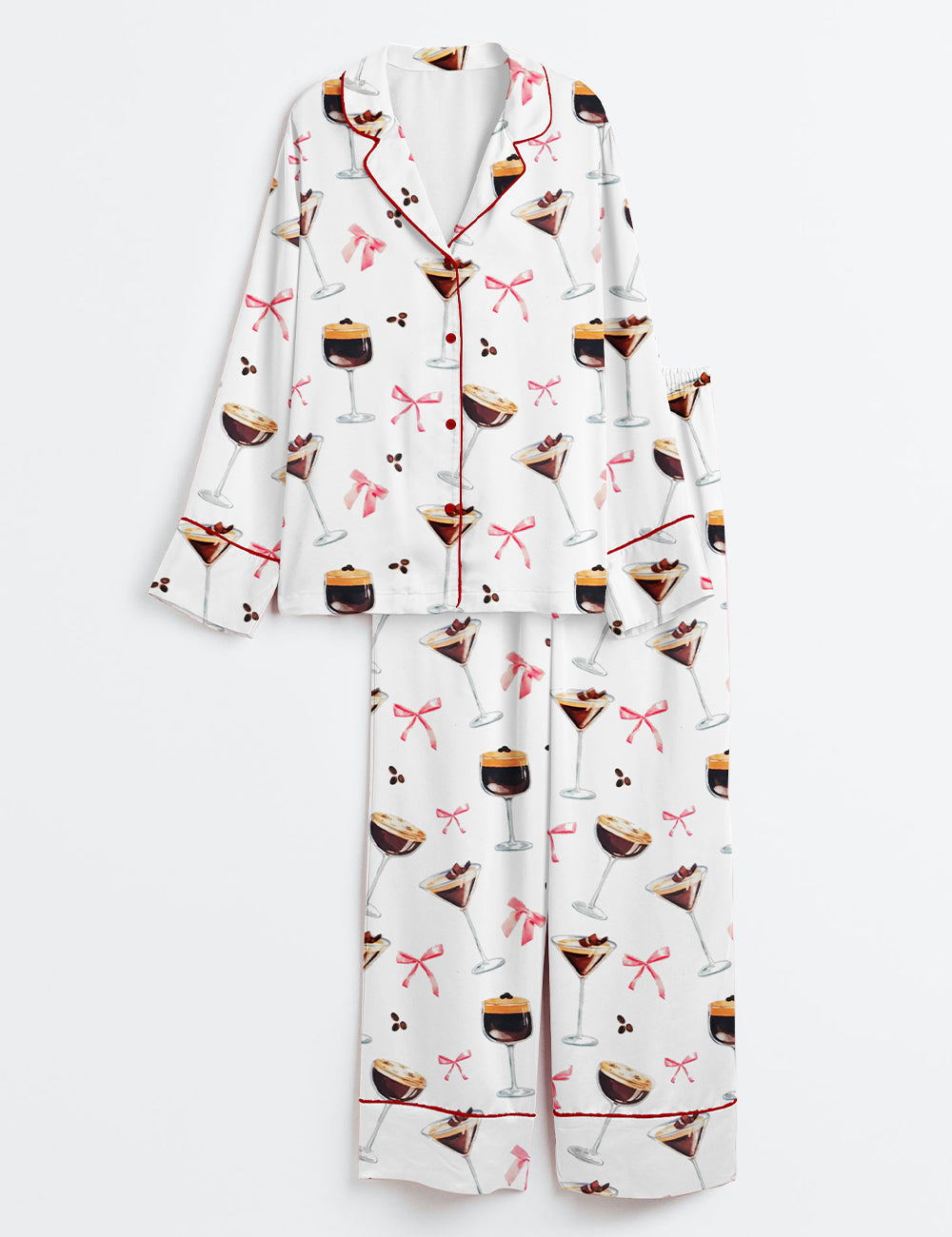 Women’s Espresso Martini Coffee Lover Cute Pink Coquette Bow Cocktail Print Long Sleeve Satin Pajama Set