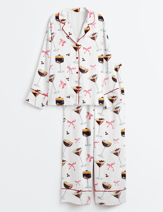 Women’s Espresso Martini Coffee Lover Cute Pink Coquette Bow Cocktail Print Long Sleeve Satin Pajama Set