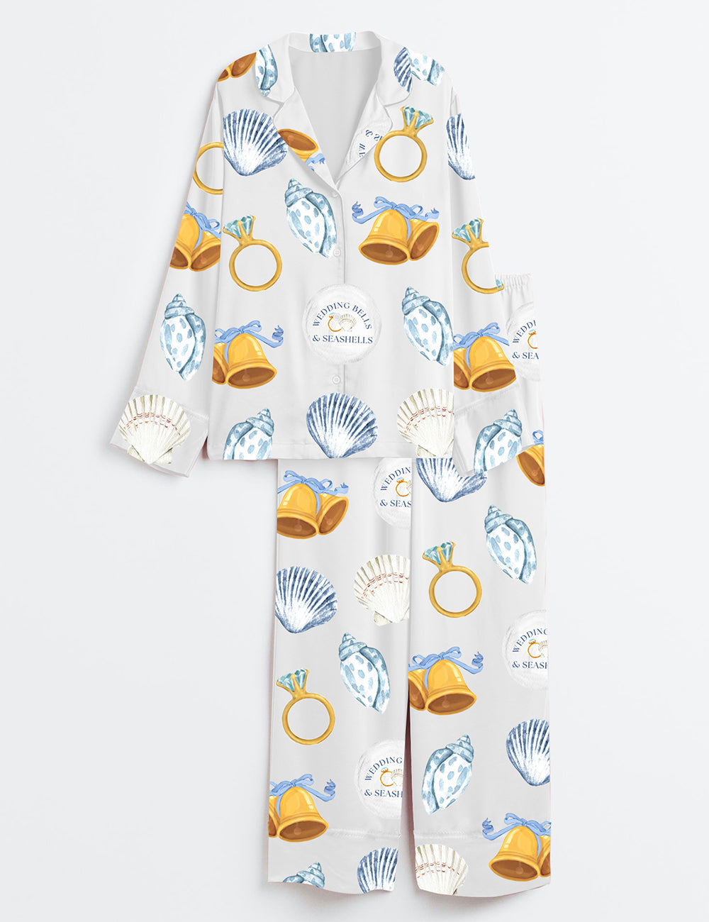 Women’s Wedding Bells & Seashells Coastal Blue Bachelorette Nautical Beach Wedding Print Long Sleeve Satin Pajama Set