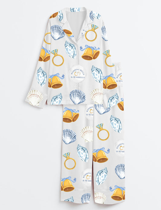 Women’s Wedding Bells & Seashells Coastal Blue Bachelorette Nautical Beach Wedding Print Long Sleeve Satin Pajama Set