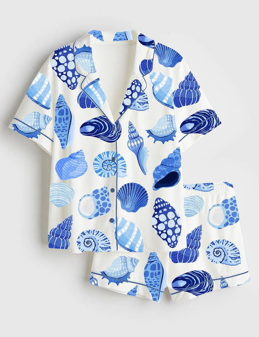 Women’s Summer Trip Blue Shells Coastal Summer Beach Coastal Aesthetic Bachelorette Colorful Shells Short Sleeve Satin Pajama Set