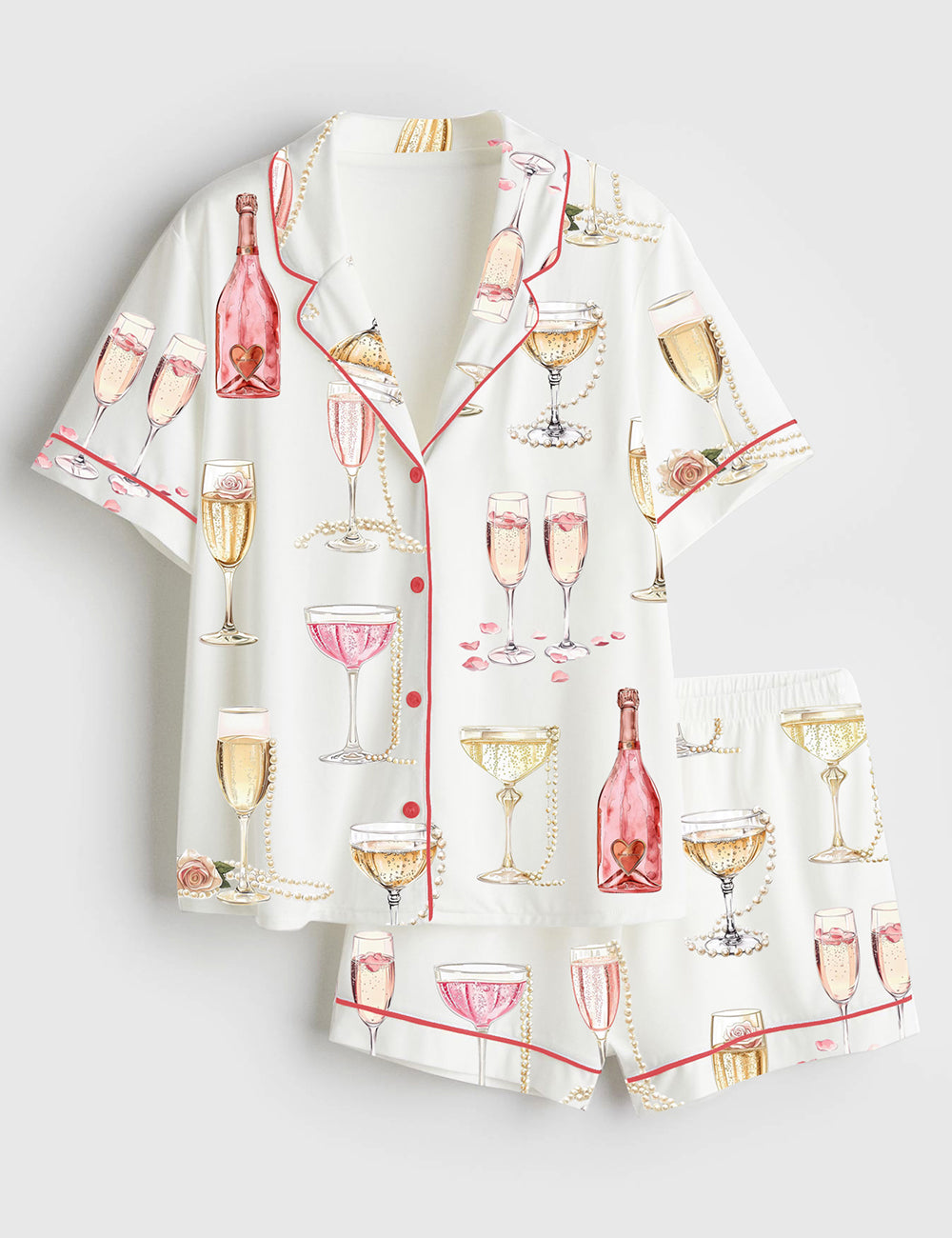 Women’s Pearls And Prosecco Bridal Shower Party Champagne Print Short Sleeve Satin Pajama Set