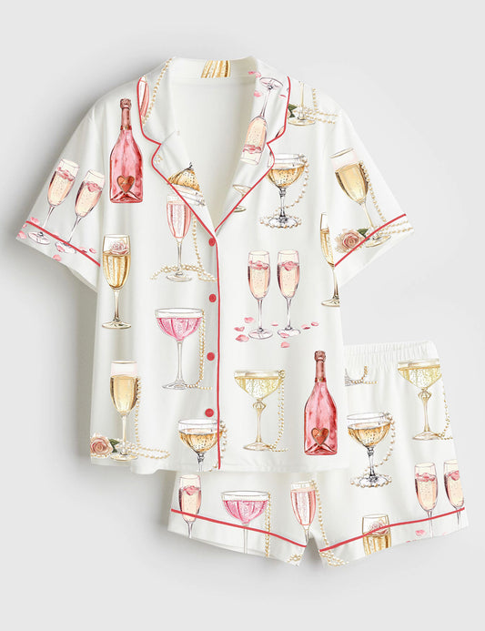 Women’s Pearls And Prosecco Bridal Shower Party Champagne Print Short Sleeve Satin Pajama Set