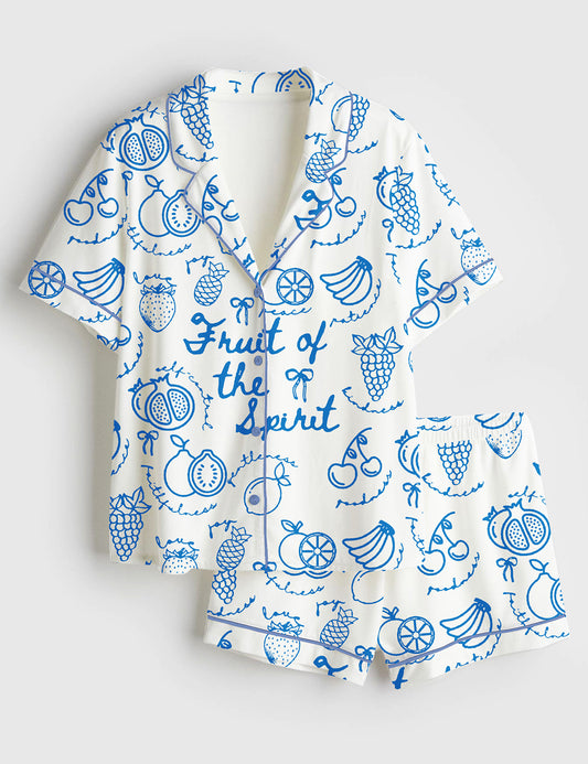 Women’s Fruit Of The Spirit Bible Verse Galatians Christian Scripture Fruit Faith Based Religious Print Short Sleeve Satin Pajama Set