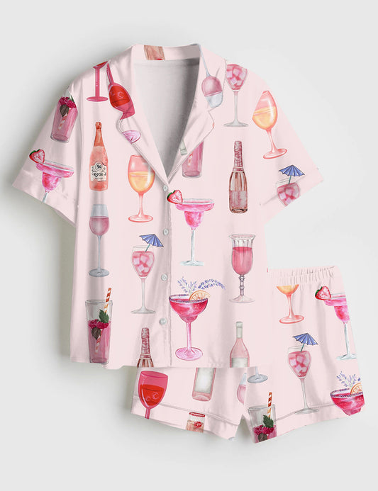 Women’s Retro Watercolor Champagne Cocktail Wine Bottle Pink Short Sleeve Satin Pajama Set
